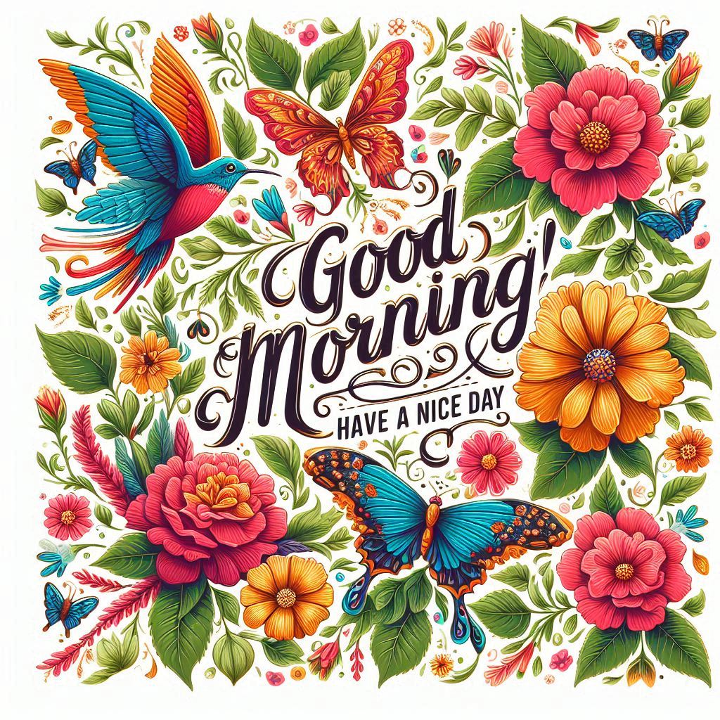 A decorative good morning image with flowers and butterflies on it