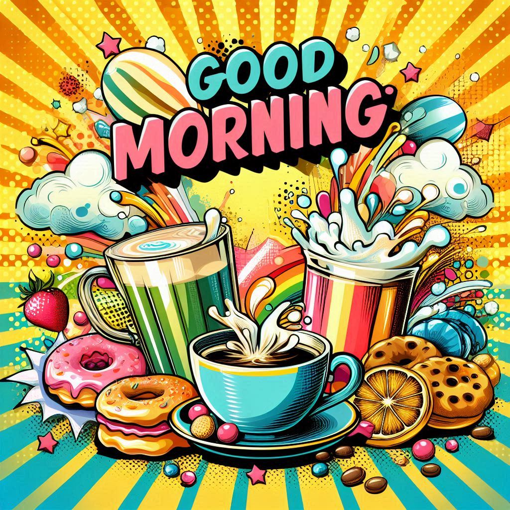 A bright colorful good morning image with a cup of coffee and donuts