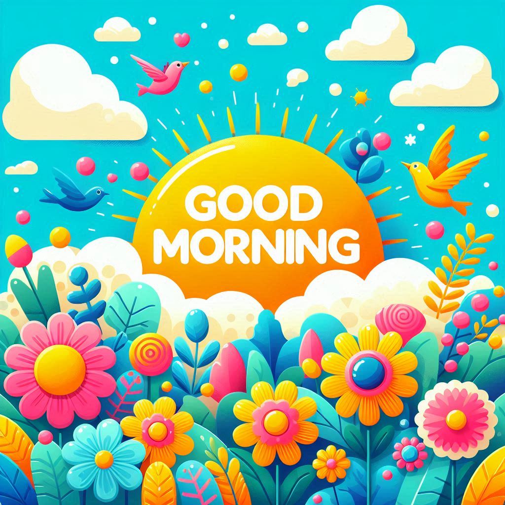 Good morning cartoon image with flowers and birds
