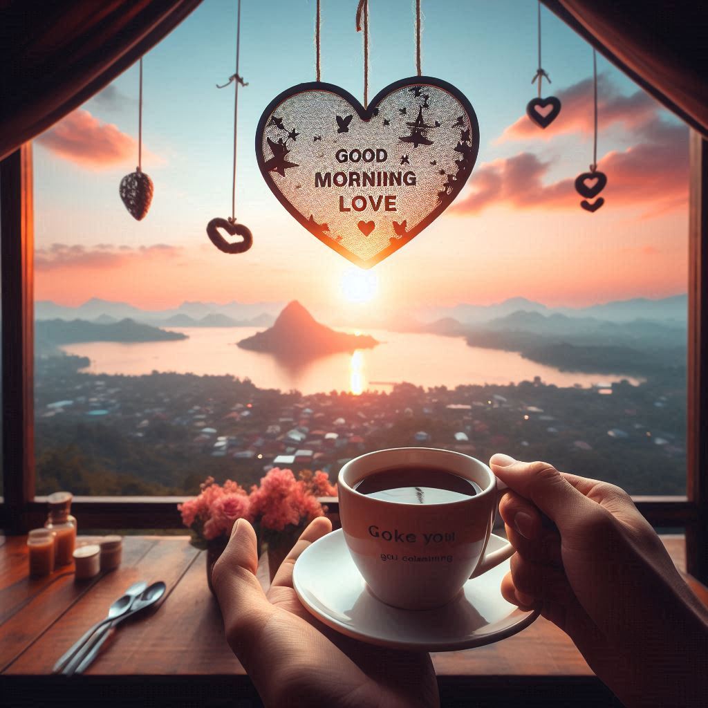 Good morning love image with a person holding a cup of coffee in front of a window