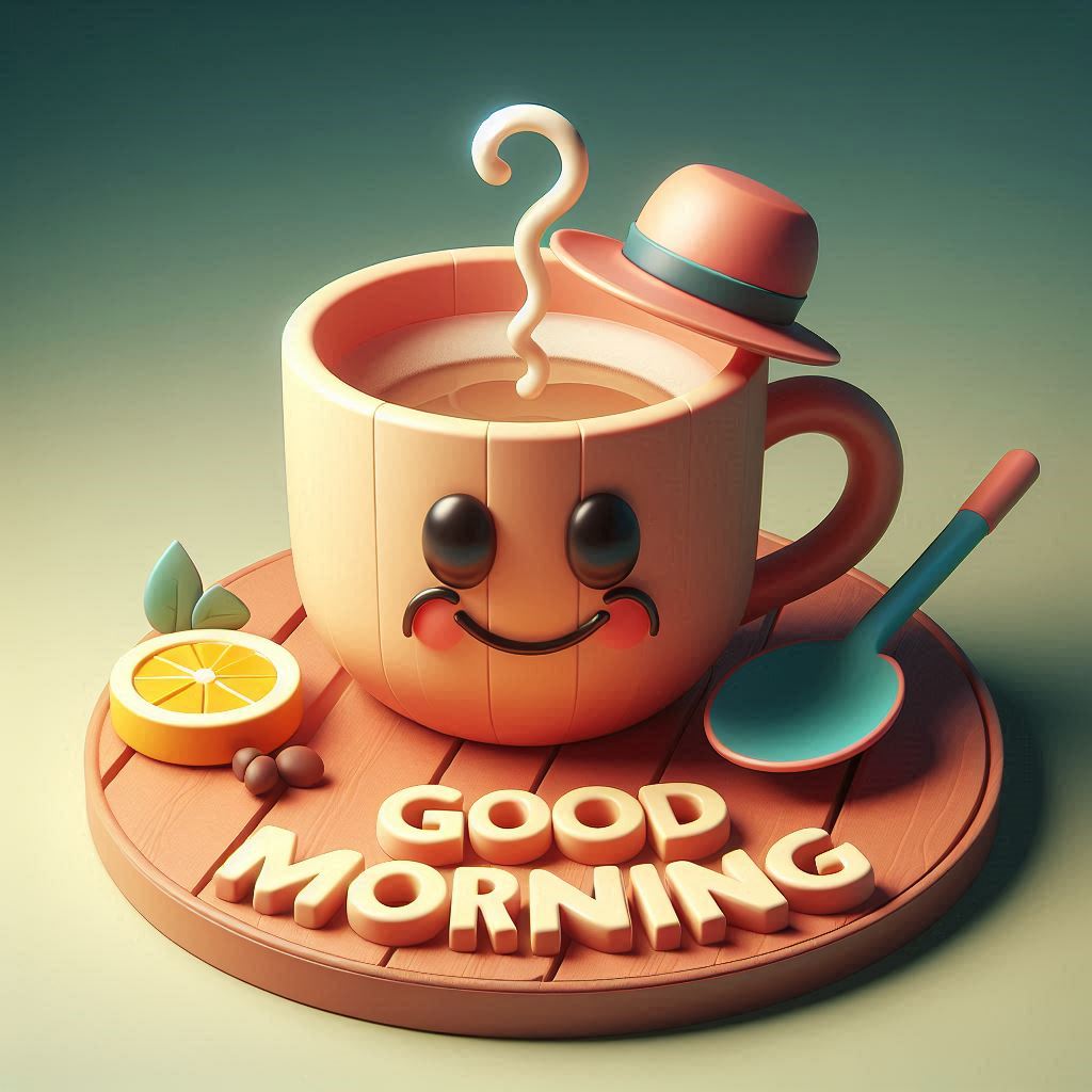 Good morning image in 3D with a hat on top of a cup of coffee
