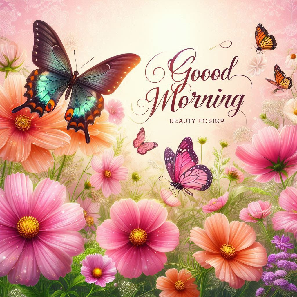Good Morning image with beautiful flowers and butterflies