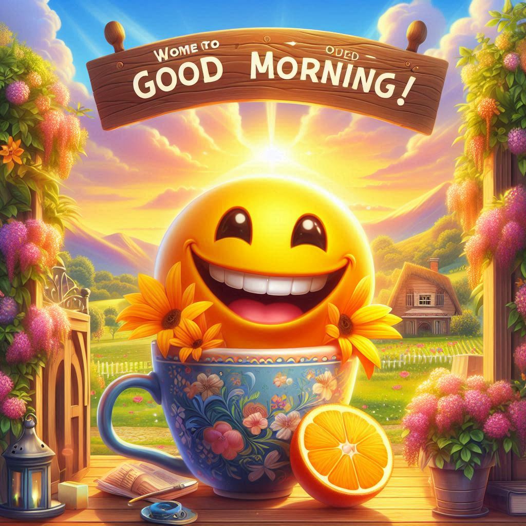 Good morning with a yellow smiley face sitting inside a cup