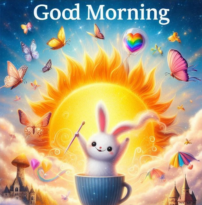Good morning picture of a bunny in a cup with the background sun