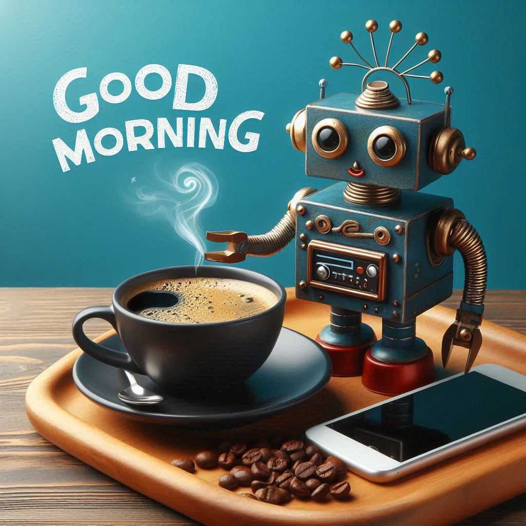 Good morning image with a cup of coffee and a robot on a tray