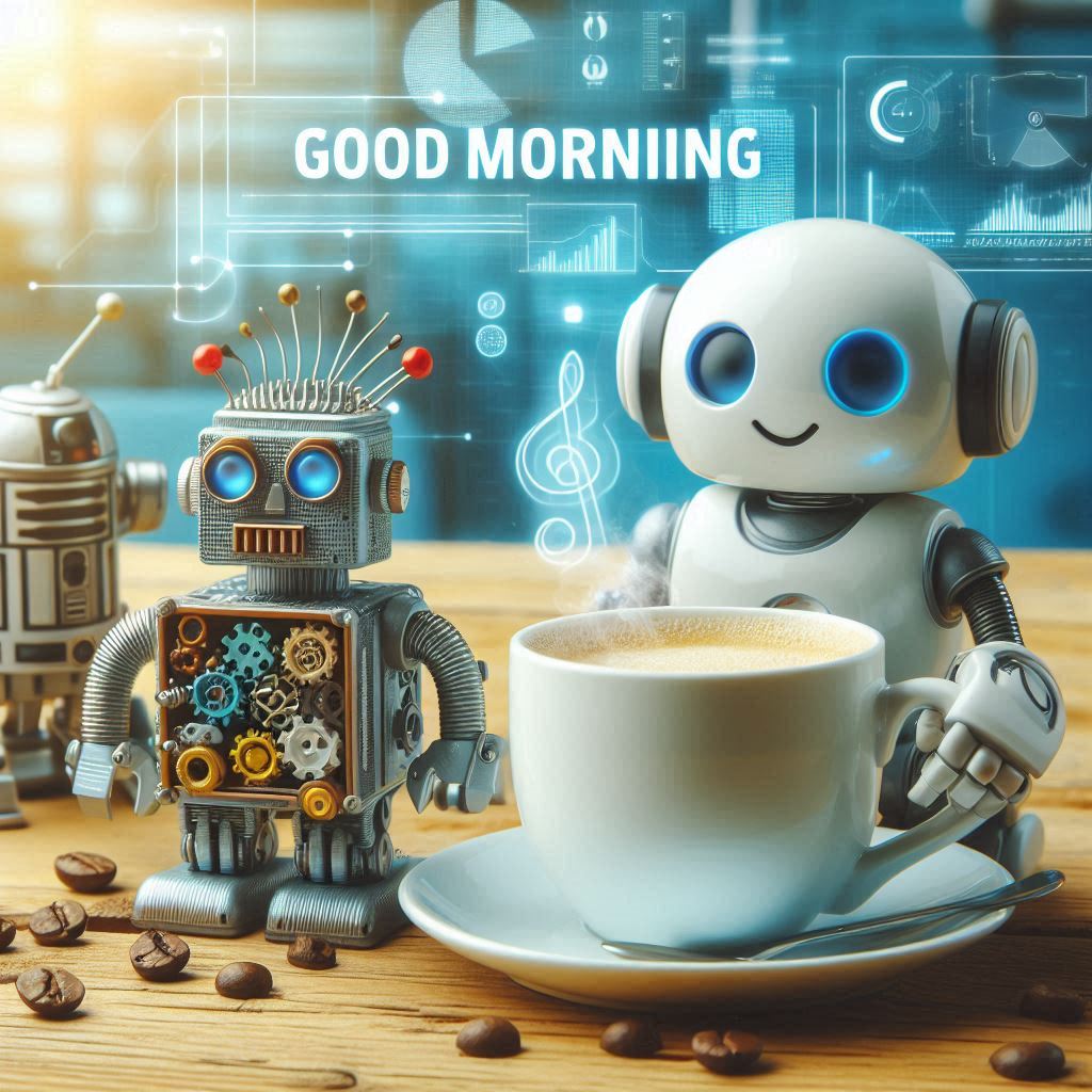 Good morning image with a robot sitting next to a cup of coffee