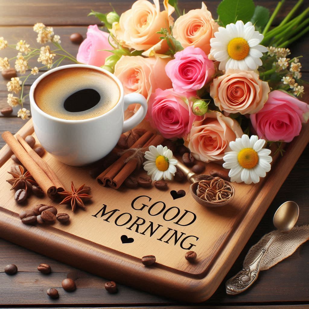 Good morning with a cup of coffee and some flowers on a tray