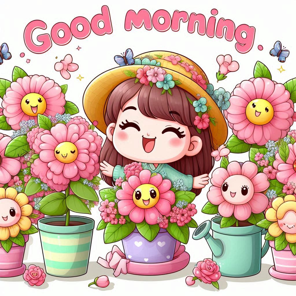 Good morning with a cartoon girl surrounded by flowers and butterflies