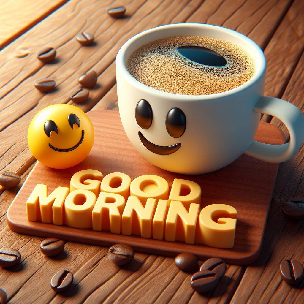 Good morning image with a cup of coffee on top of a wooden table