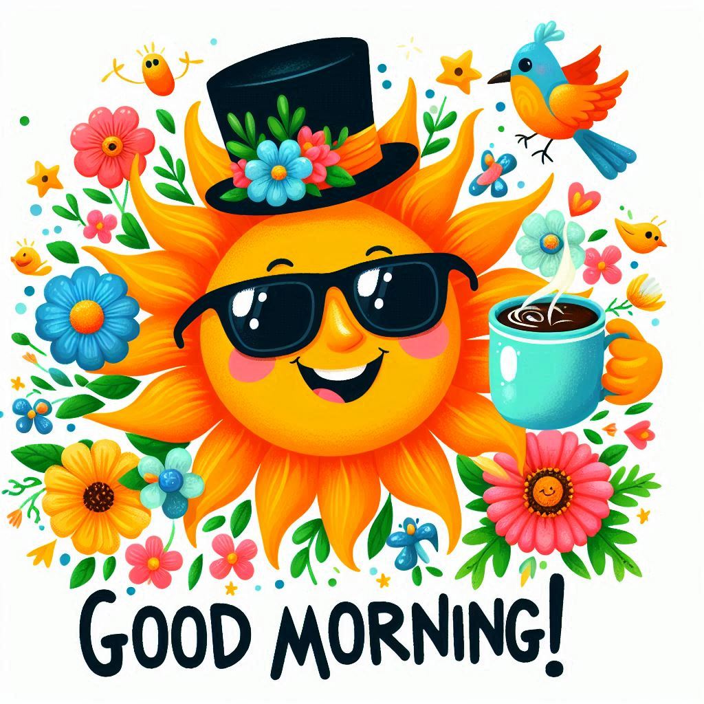 Good morning image with sunglasses and a cup of coffee