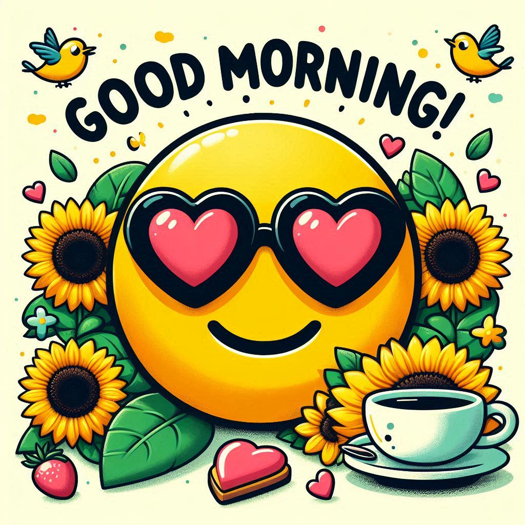 Good morning image with a yellow smiley face, heart-shaped sunglasses, and a cup of coffee