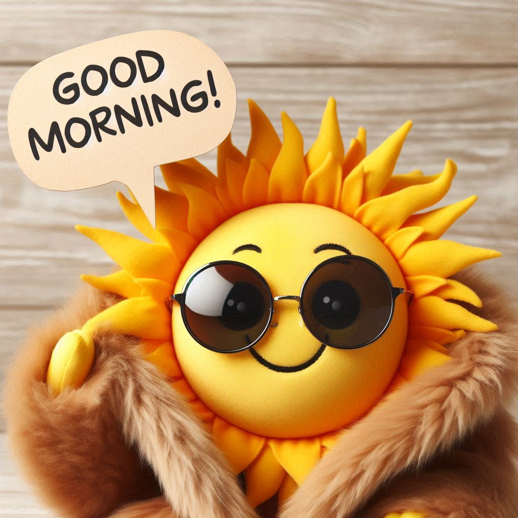A stuffed sunflower with a thought bubble saying good morning