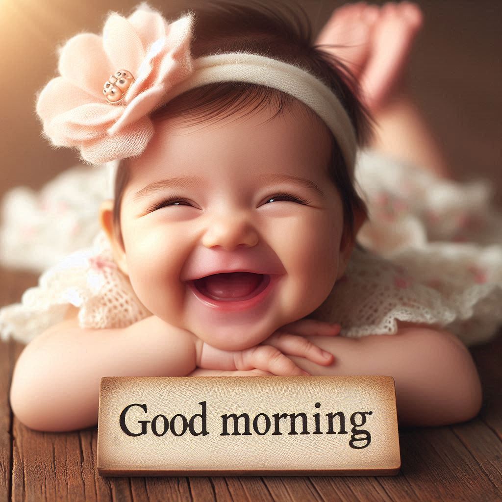 Good morning image with a baby welcoming the day with a cheerful face