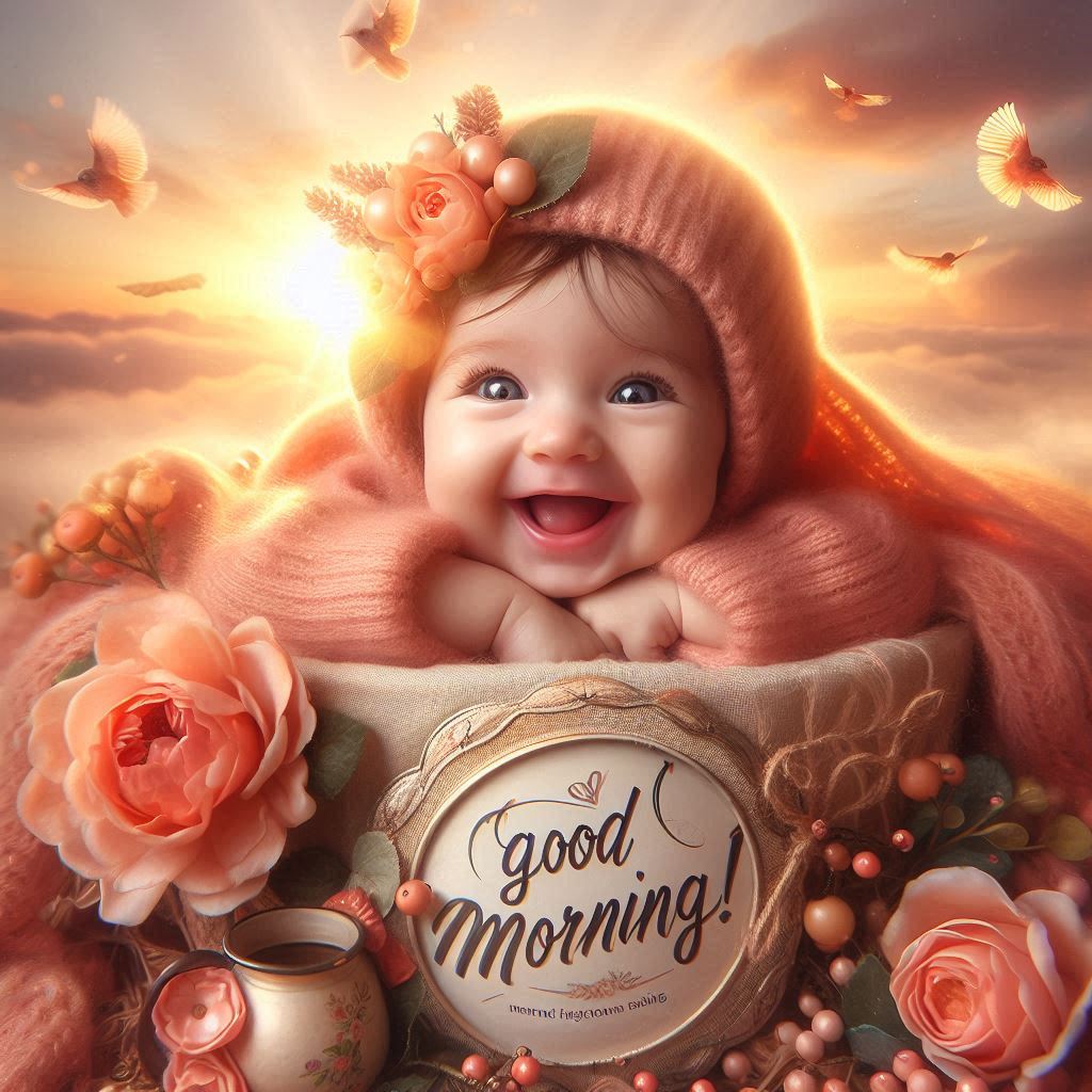 Good morning image with a baby in a blanket and flowers
