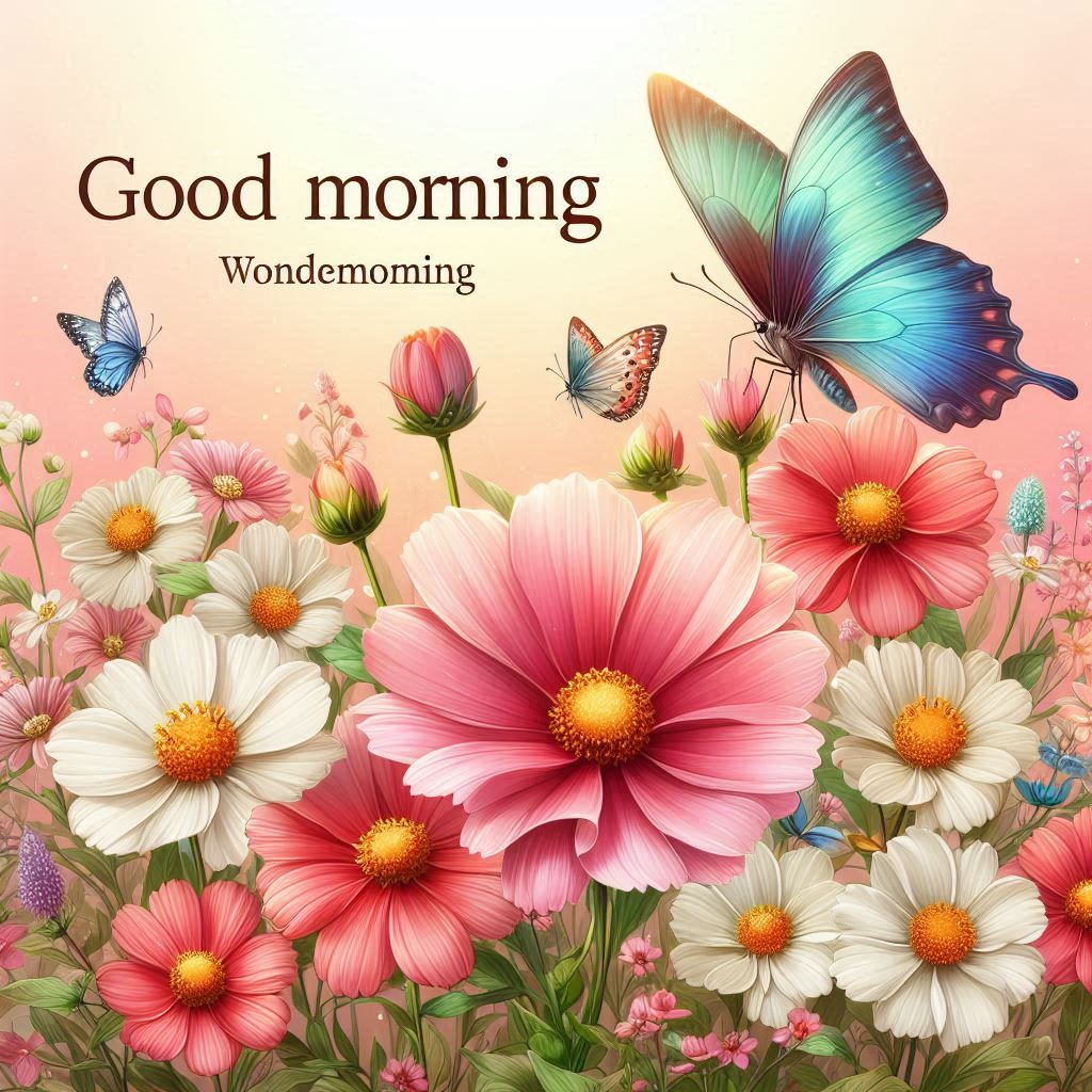 Good morning picture of flowers and a butterfly on a pink background
