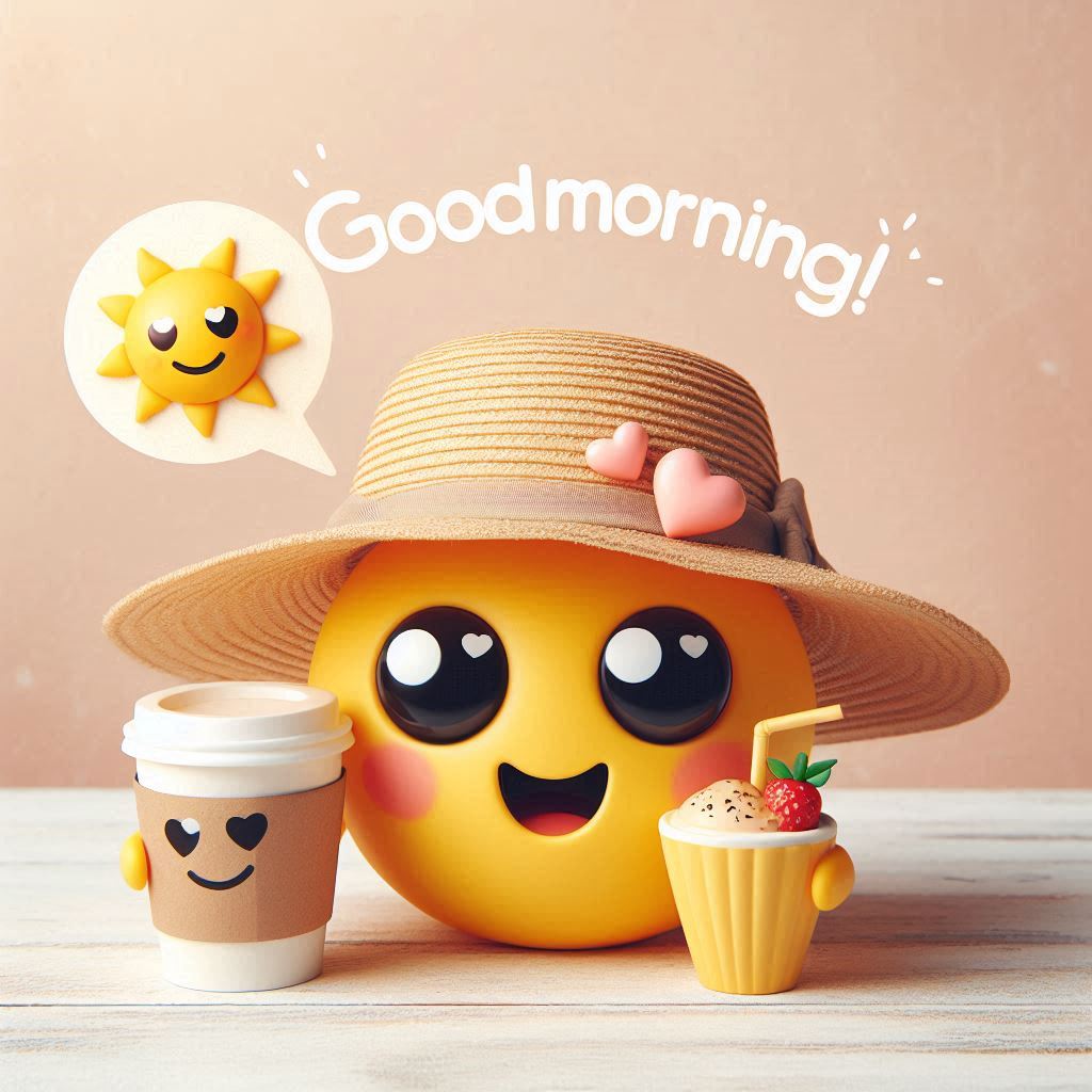 Good morning image with a yellow emoticon with a straw hat and a cup of coffee