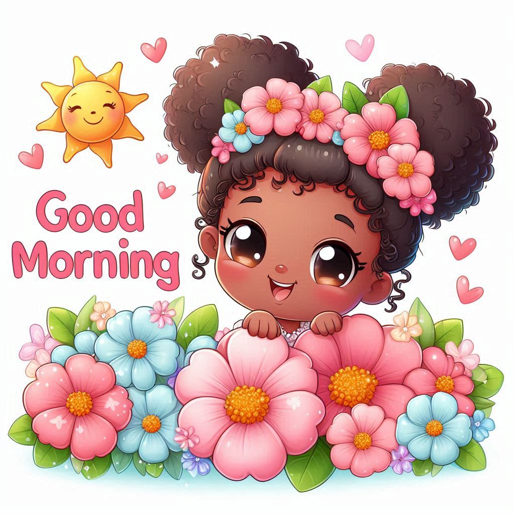 Good morning image with a cute little girl with flowers in her hair